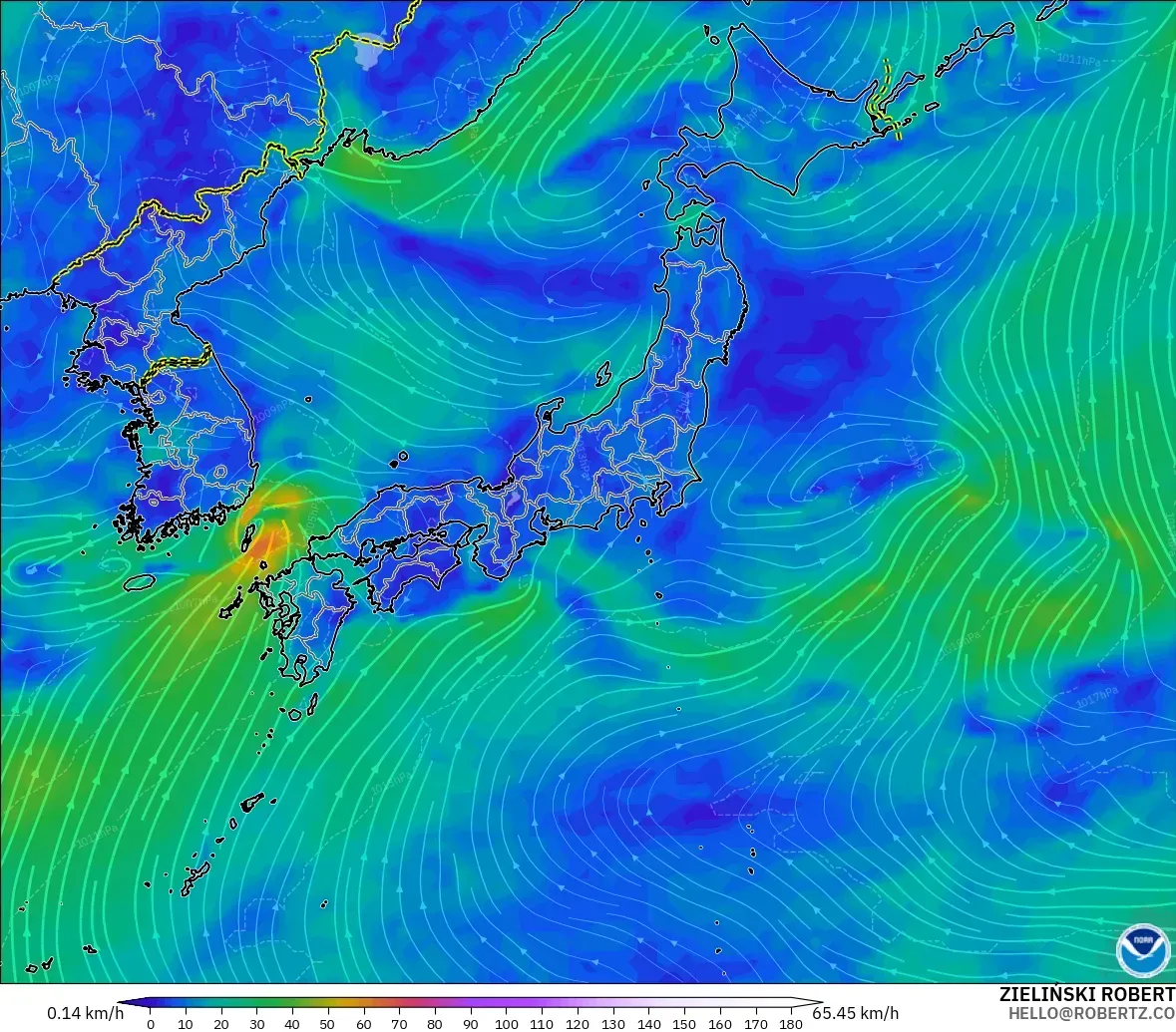 GFS modelo - Japón, Viento a 10 m