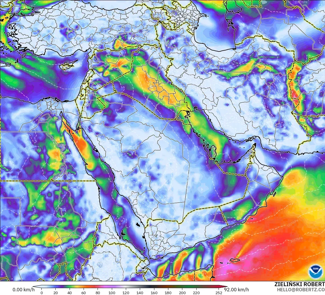 GFS modelo - Oriente Medio, Ráfagas de viento