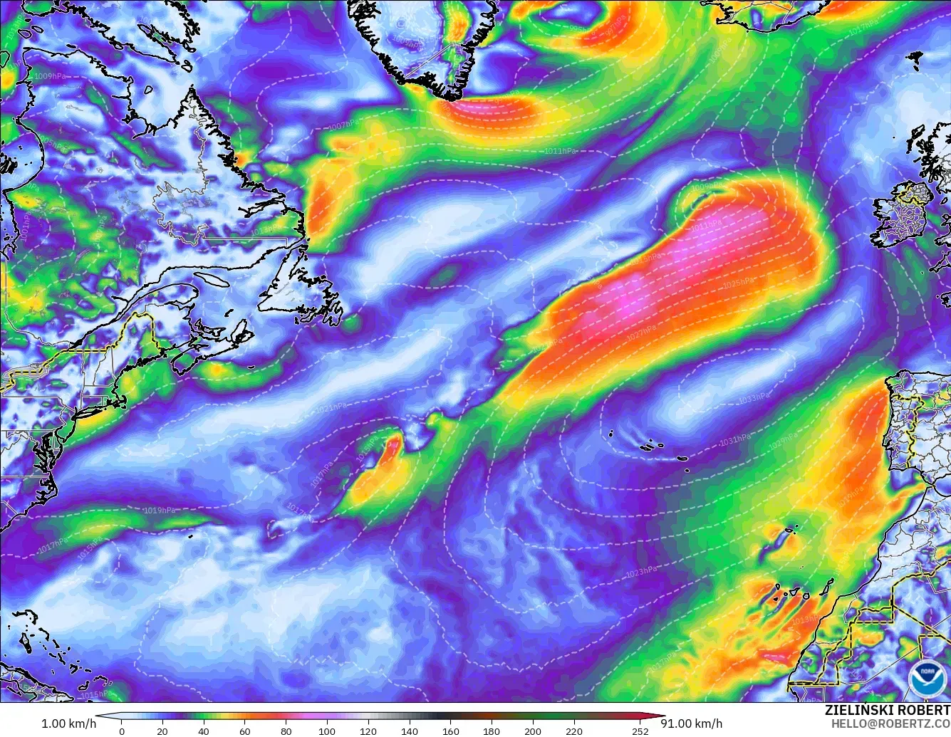 GFS modelo - Norte Atlántico, Ráfagas de Viento Máximas