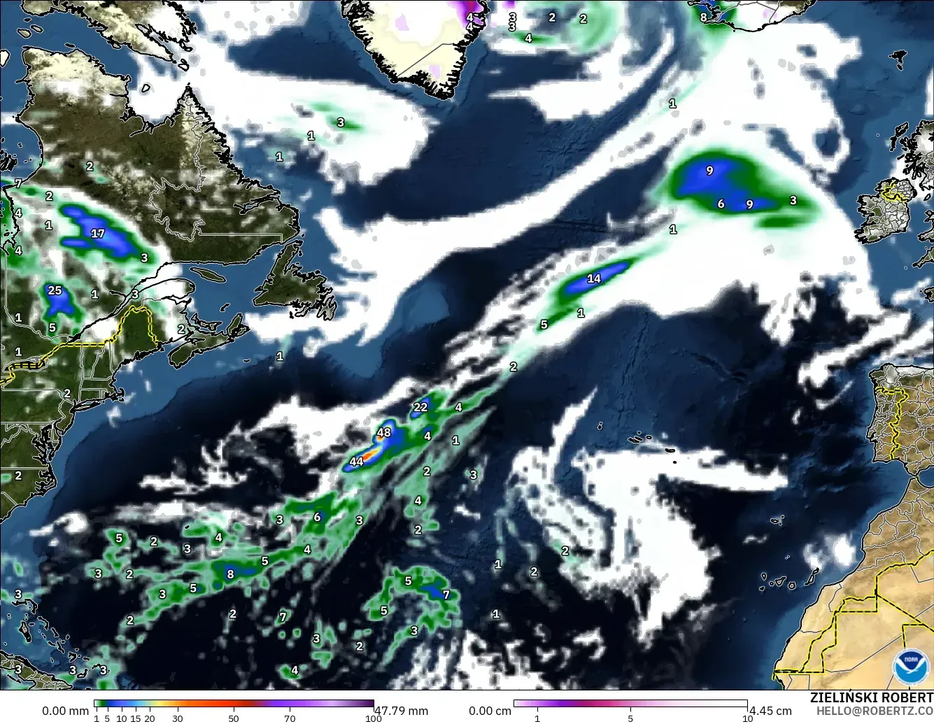 GFS modelo - Norte Atlántico, Precipitación, nubes y presión