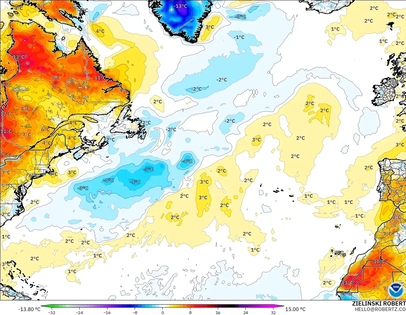 GFS modelo - Norte Atlántico, Anomalía de temperatura a 2 m