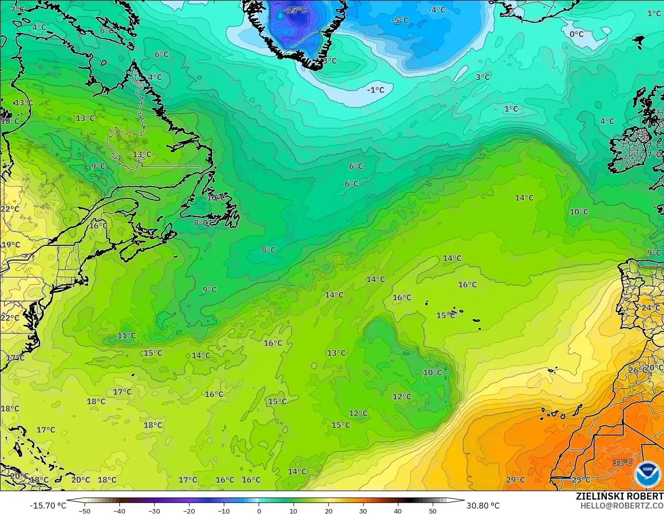 GFS modelo - Norte Atlántico, Temperatura a 850 hPa