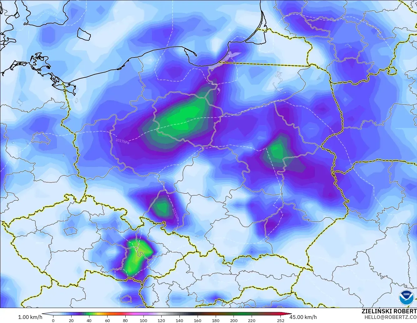 GFS modelo - Polonia, Ráfagas de Viento Máximas