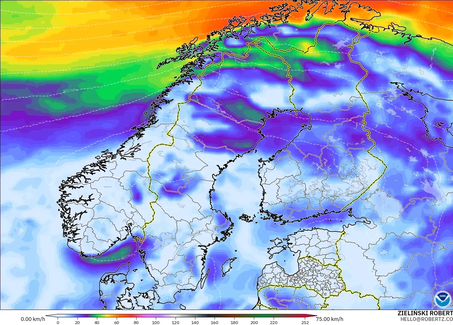 GFS modelo - Escandinavia, Ráfagas de Viento Máximas