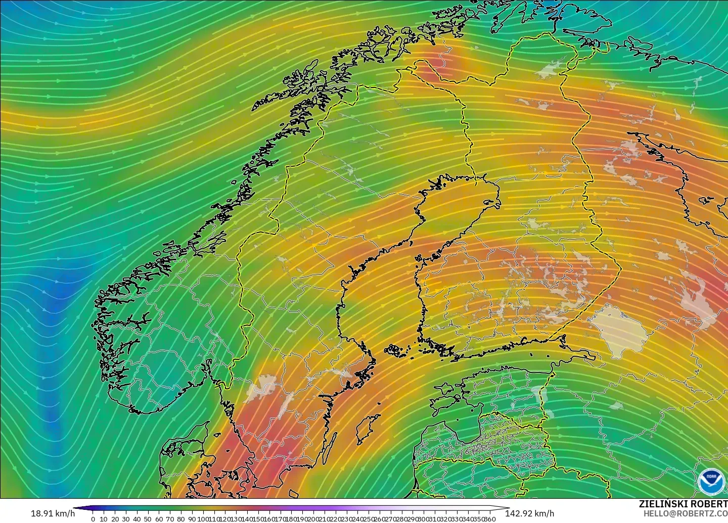 GFS modelo - Escandinavia, Viento a 300 hPa (corriente en chorro)