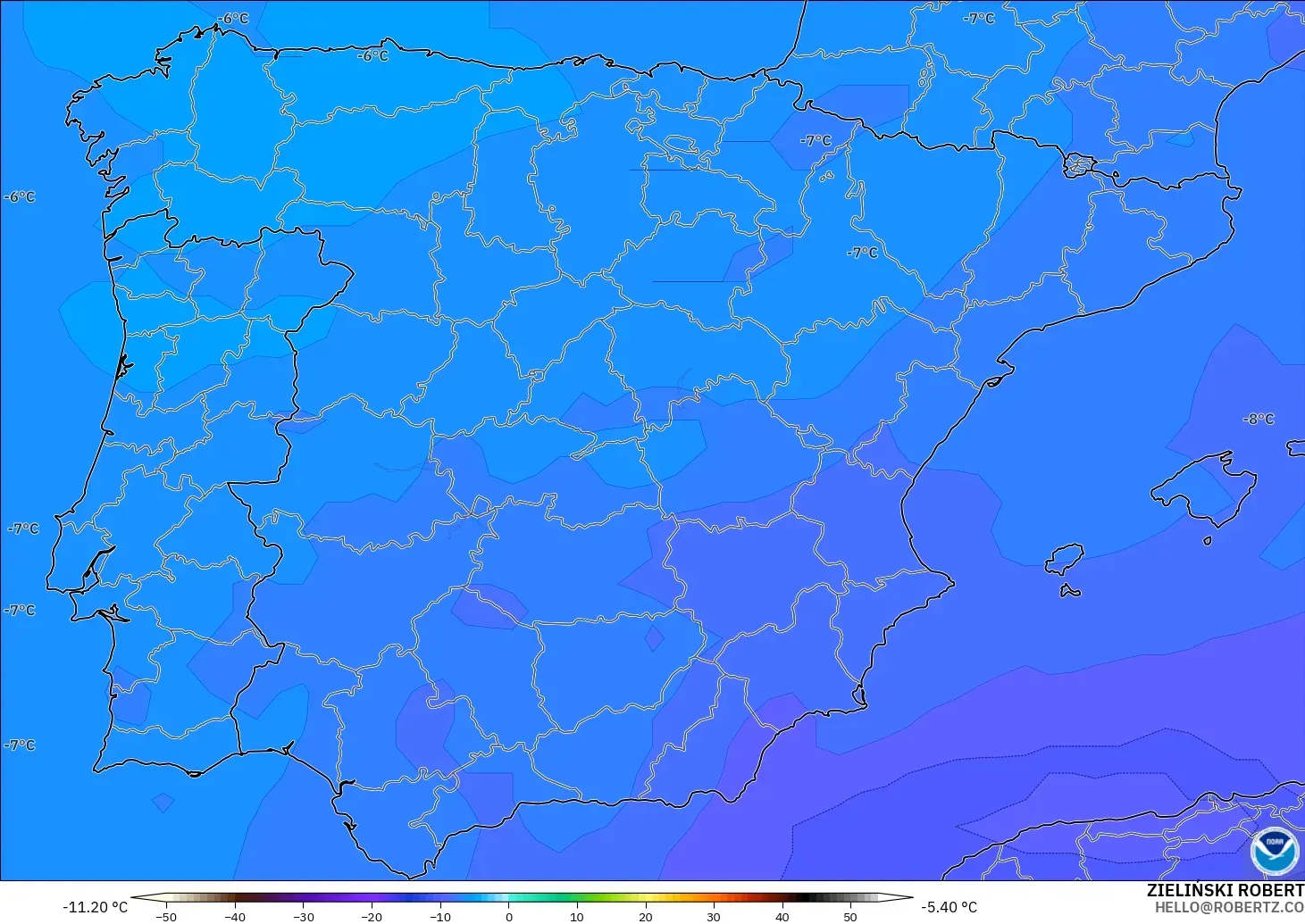 GFS modelo - España, Temperatura a 500 hPa