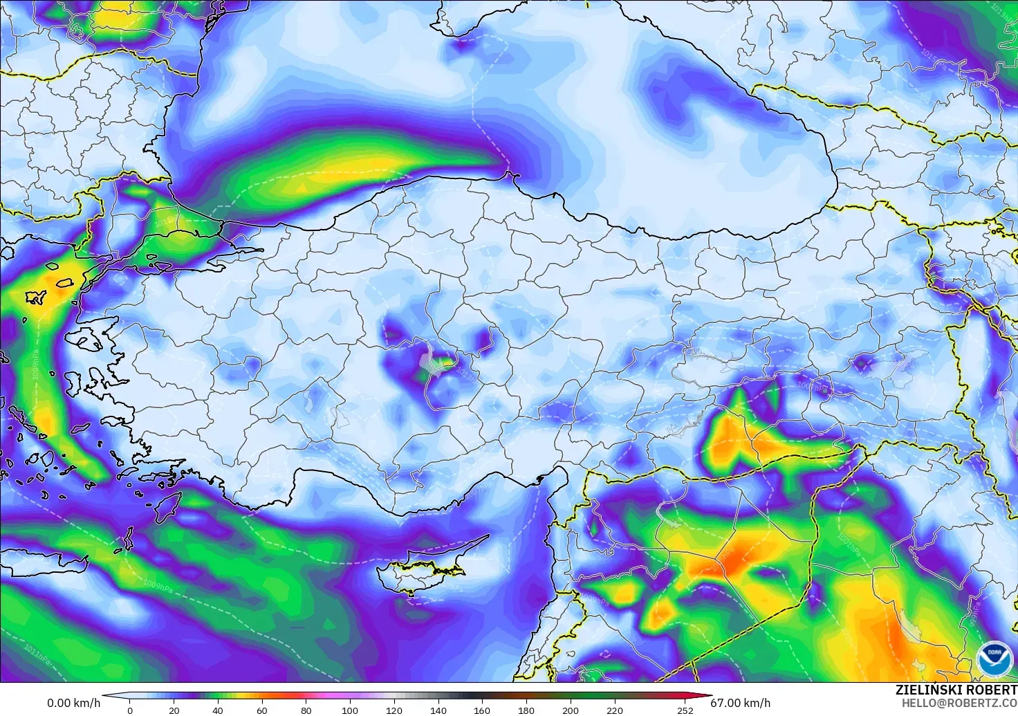 GFS modelo - Turquía, Ráfagas de Viento Máximas