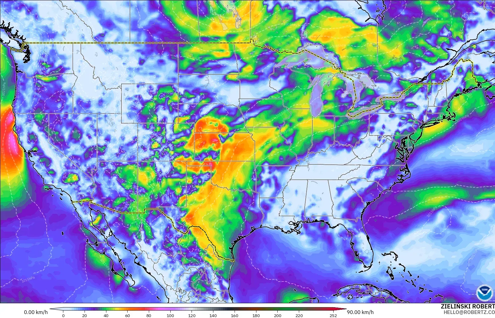 GFS modelo - Estados Unidos, Ráfagas de Viento Máximas