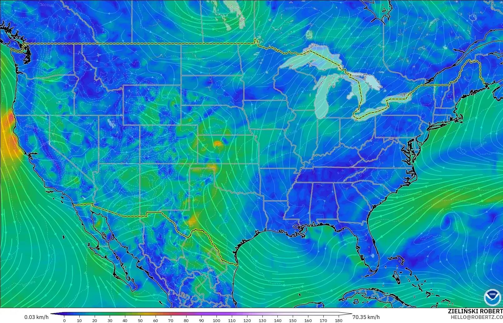 GFS modelo - Estados Unidos, Viento a 10 m