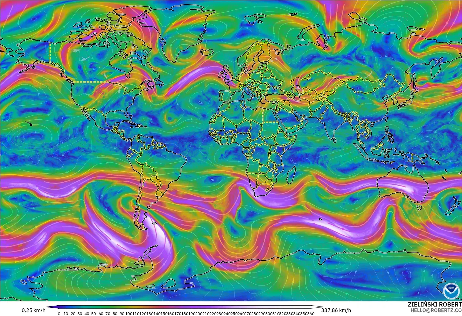 GFS modelo - Mundo, Viento a 300 hPa (corriente en chorro)