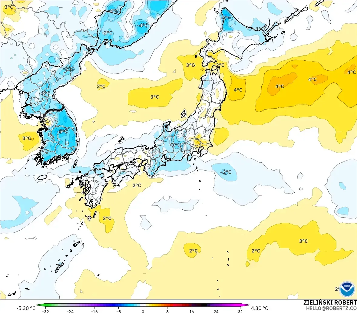 GFS modelo - Japón, Anomalía de temperatura a 2 m