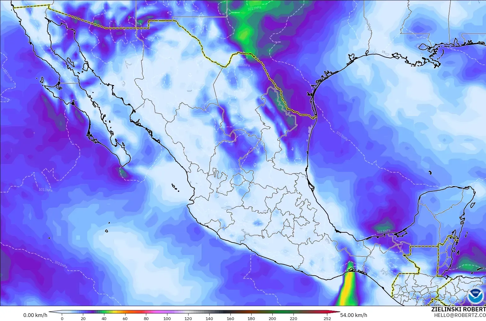 GFS modelo - México, Ráfagas de Viento Máximas