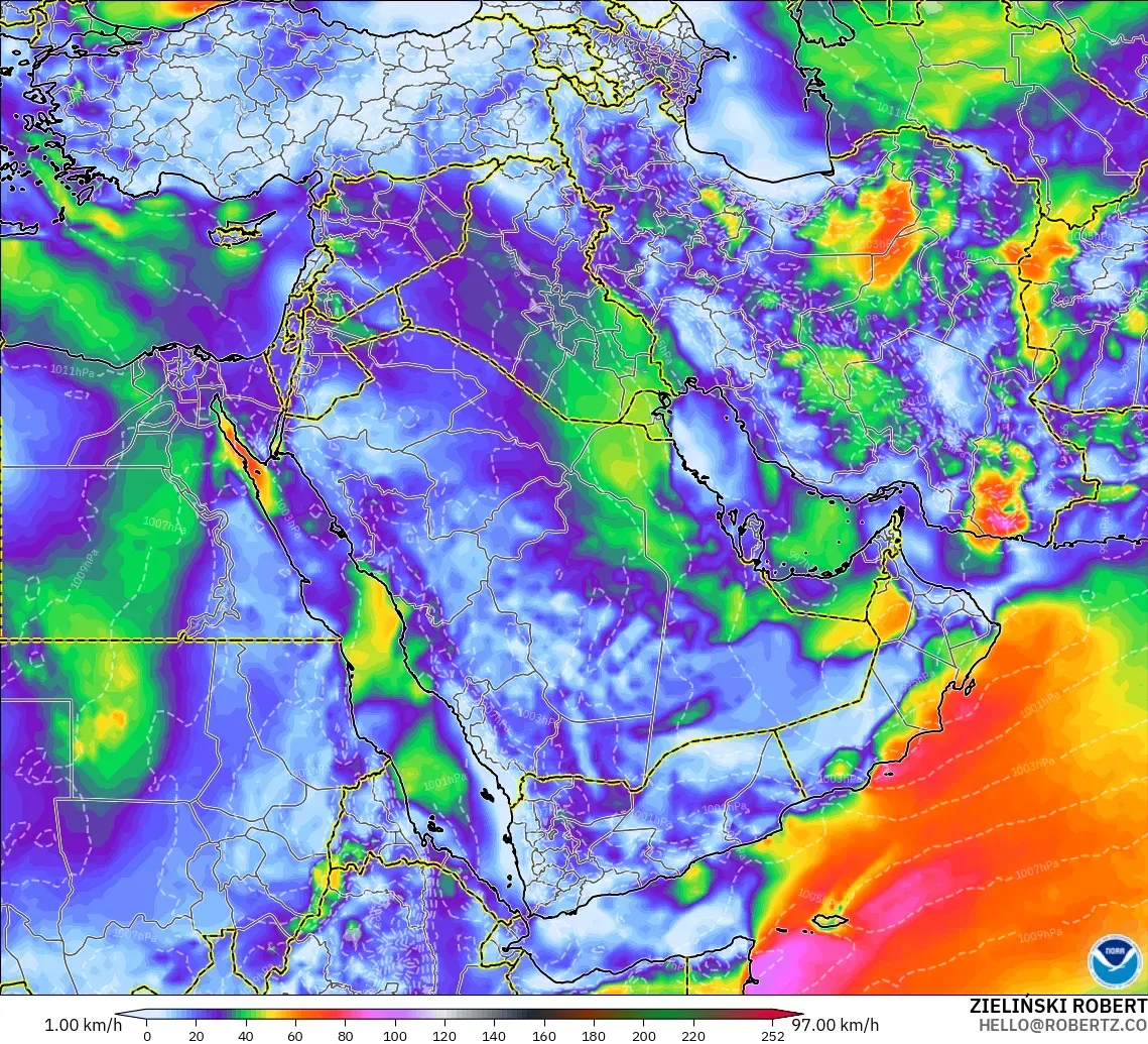 GFS modelo - Oriente Medio, Ráfagas de Viento Máximas