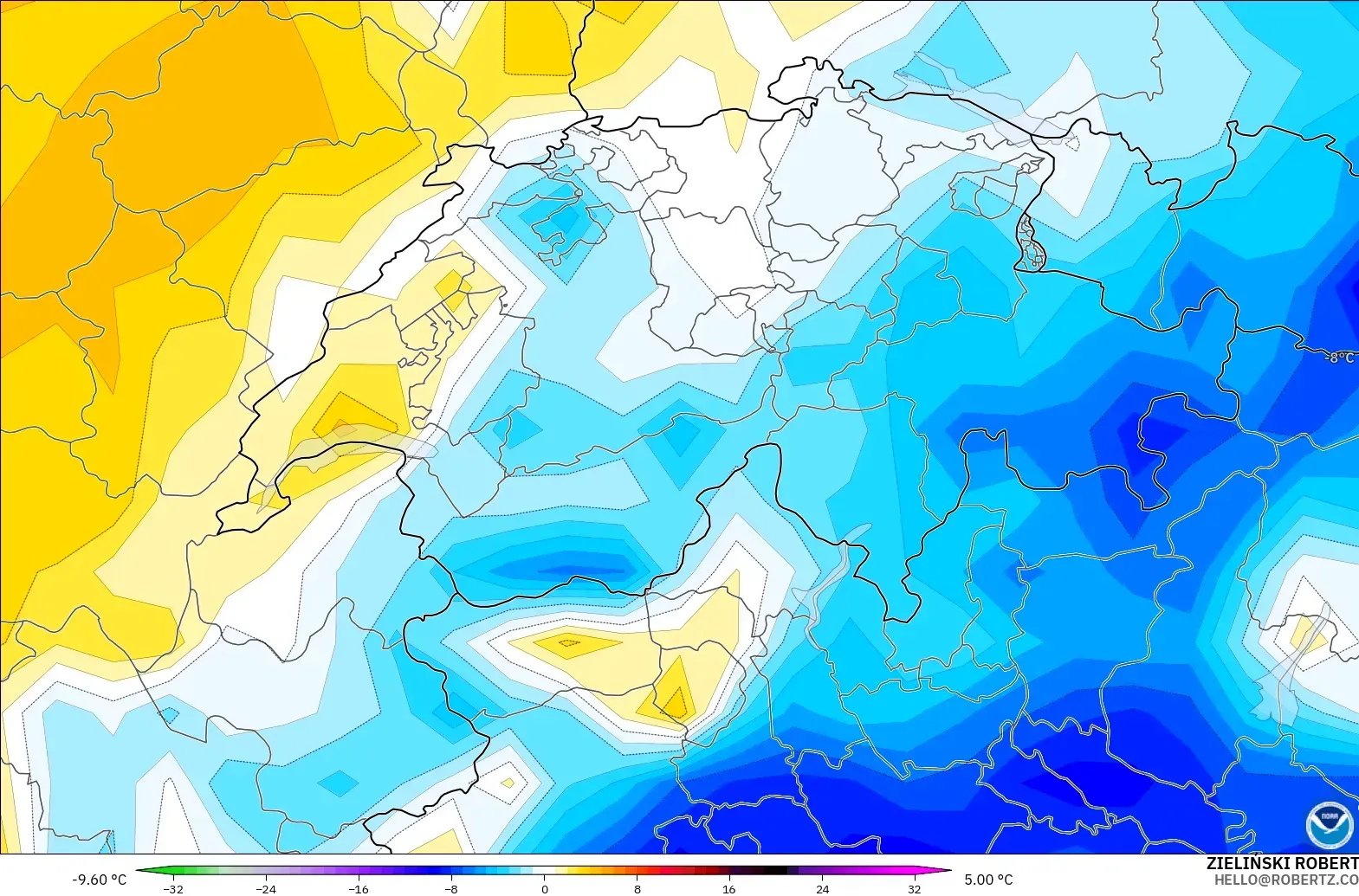 GFS modelo - Suiza, Anomalía de temperatura a 2 m