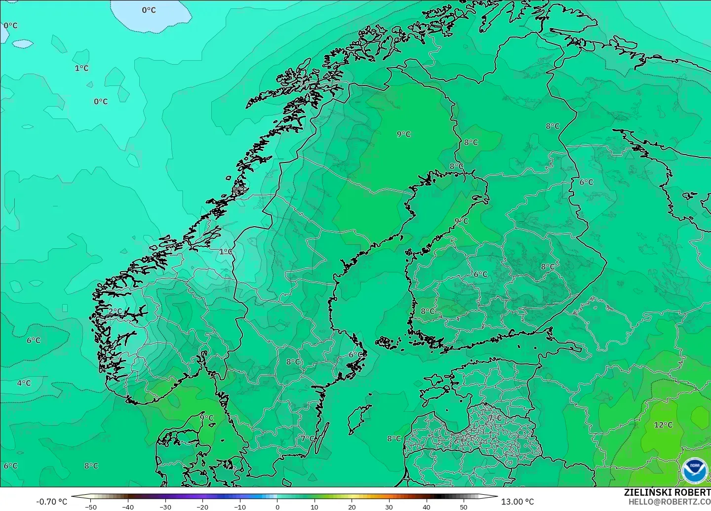 GFS modelo - Escandinavia, Temperatura a 850 hPa