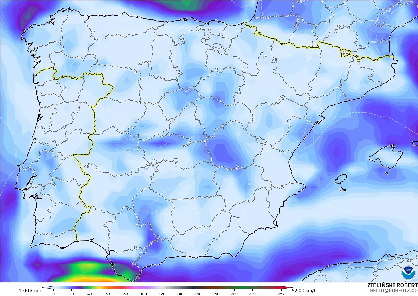 GFS modelo - España, Ráfagas de viento