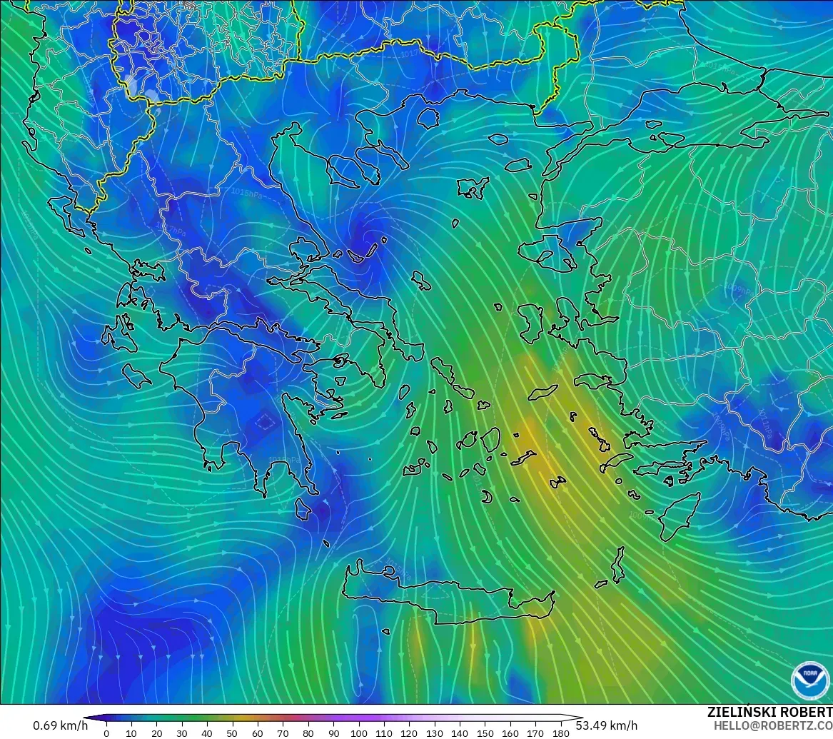 GFS modelo - Grecia, Viento a 10 m