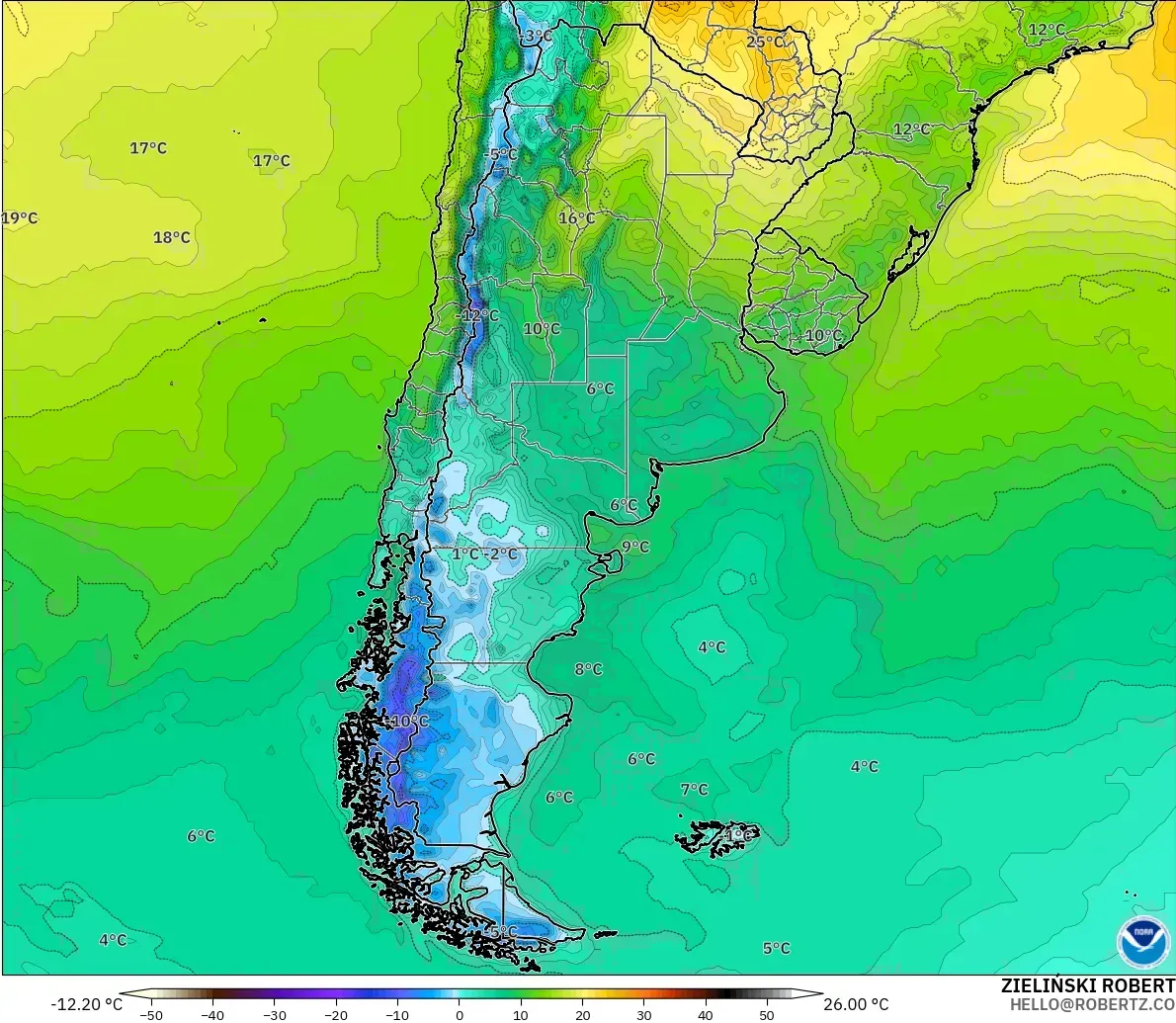 GFS modelo - Argentina, Temperatura a 2 m