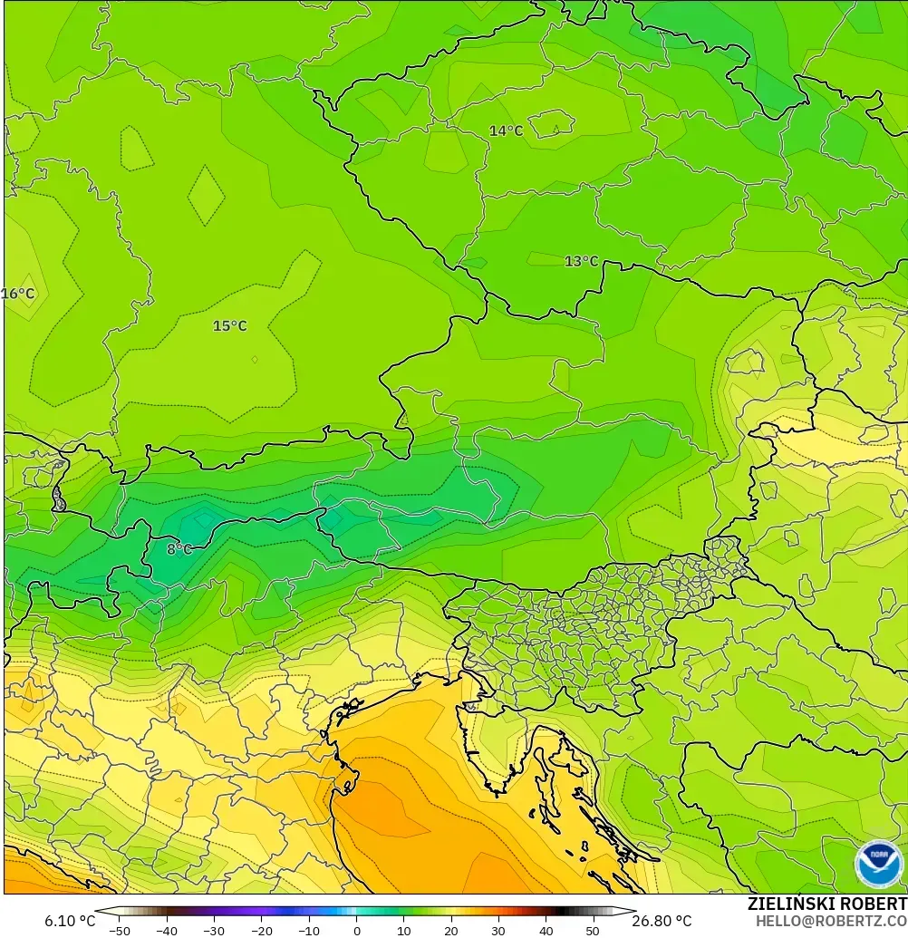 GFS modelo - Austria, Temperatura a 2 m