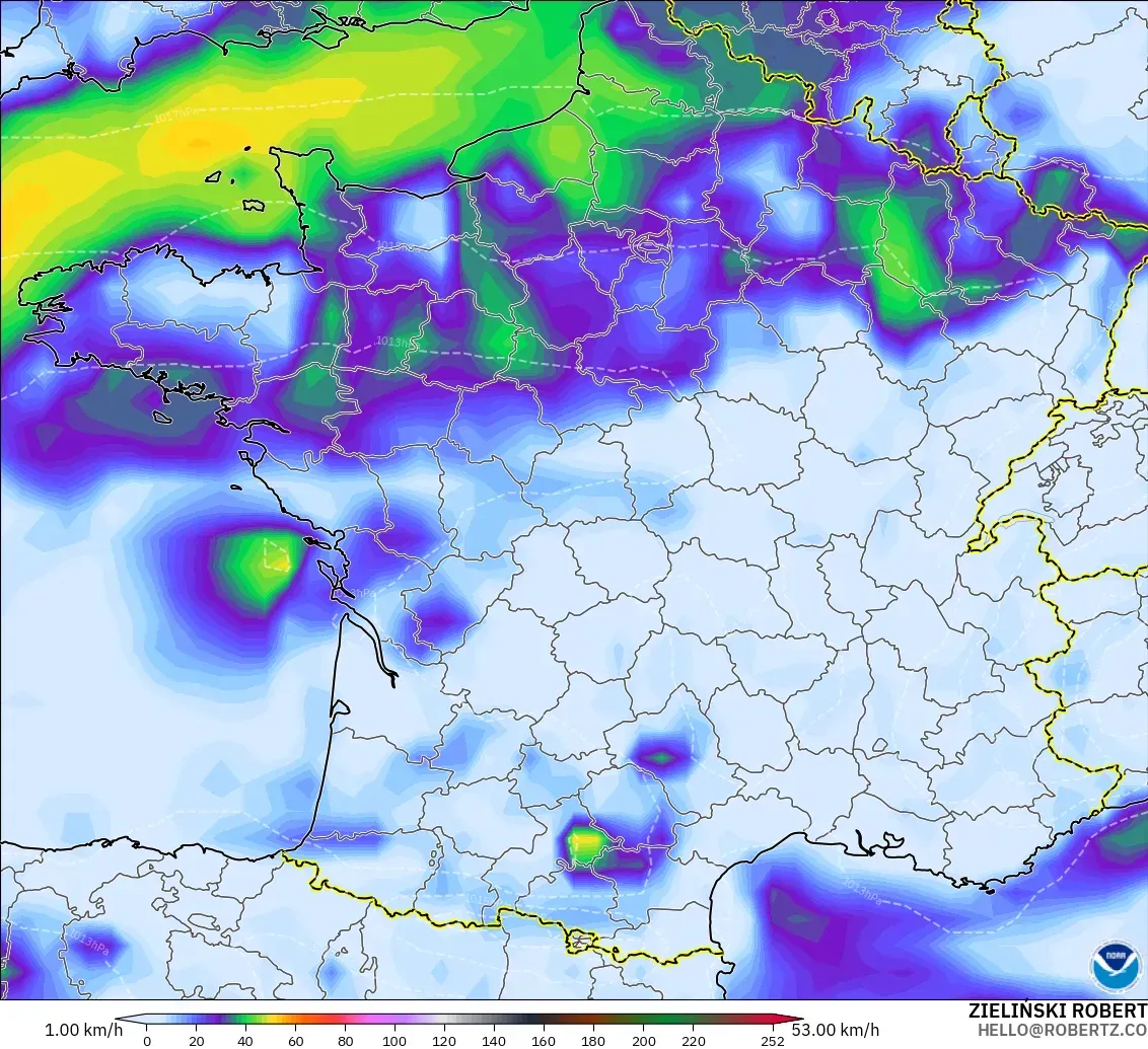 GFS modelo - Francia, Ráfagas de Viento Máximas