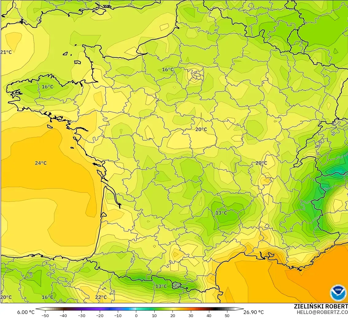 GFS modelo - Francia, Temperatura a 2 m