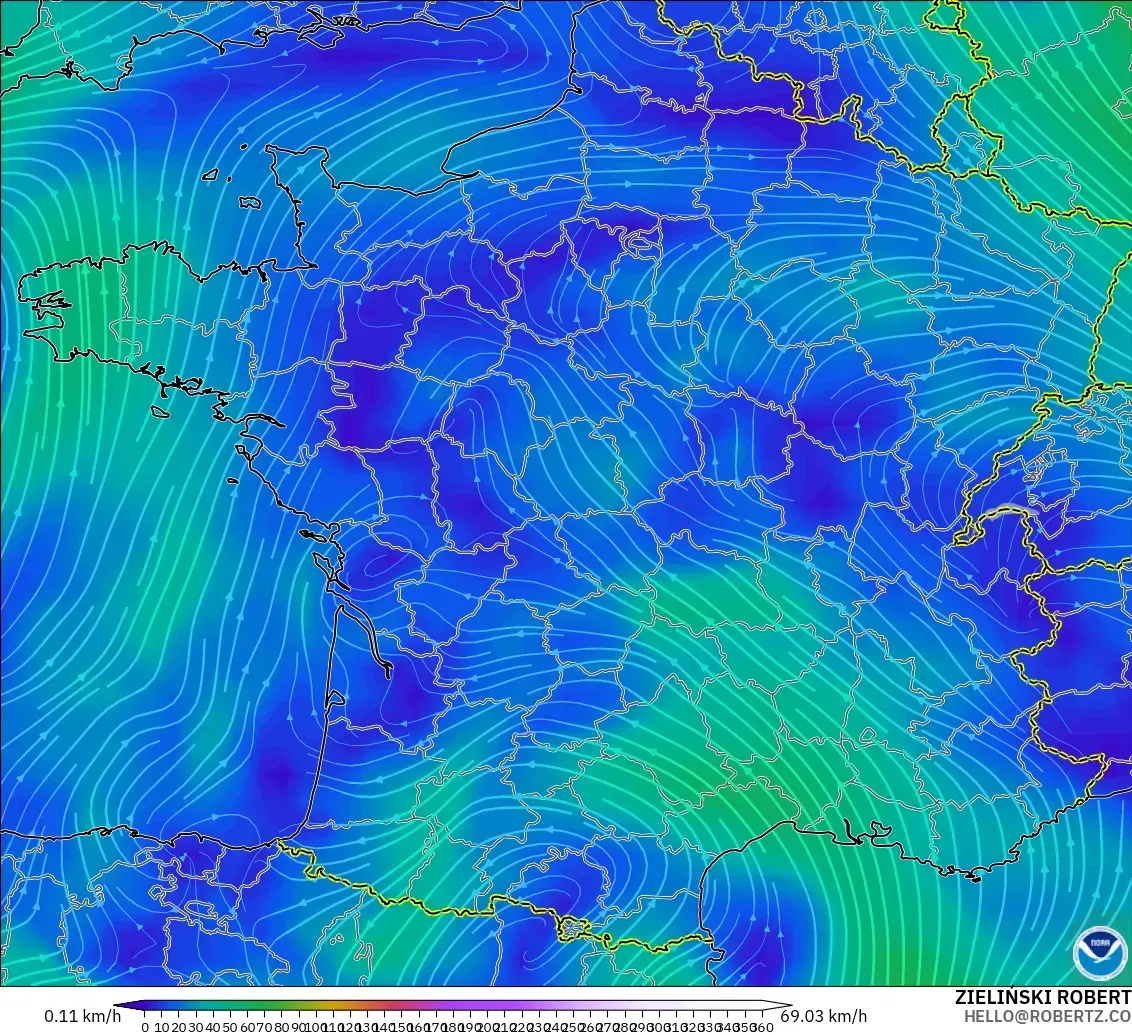 GFS modelo - Francia, Viento a 300 hPa (corriente en chorro)