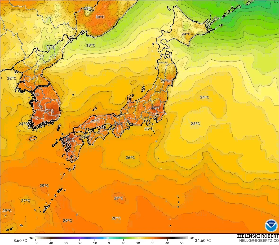 GFS modelo - Japón, Temperatura a 2 m