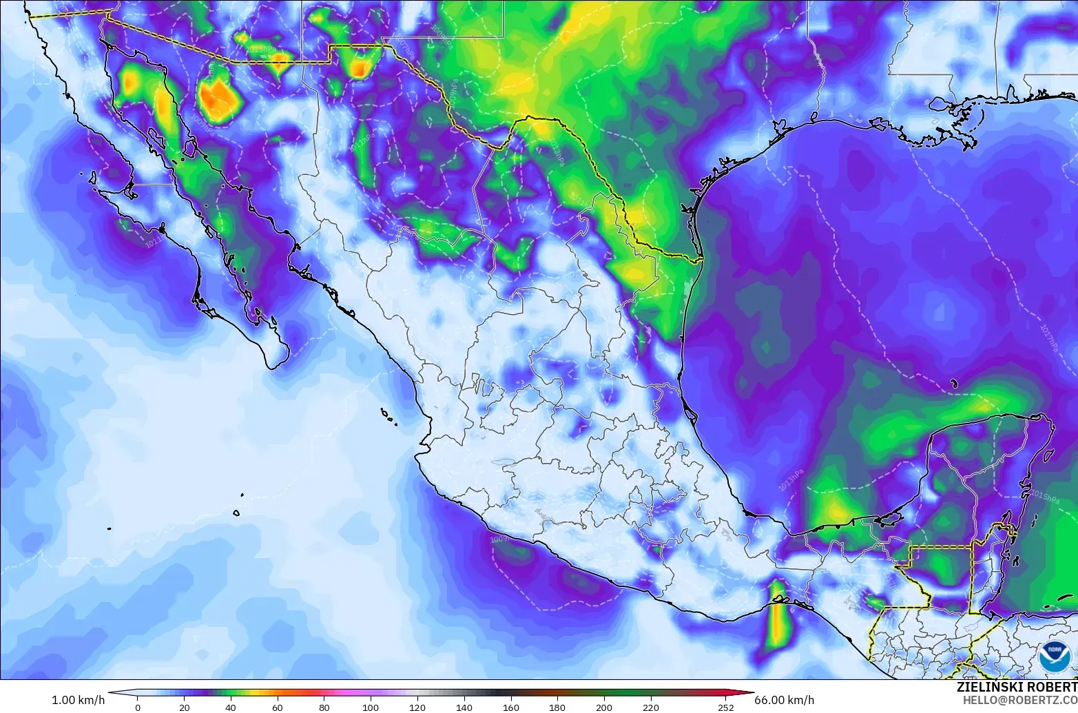 GFS modelo - México, Ráfagas de viento