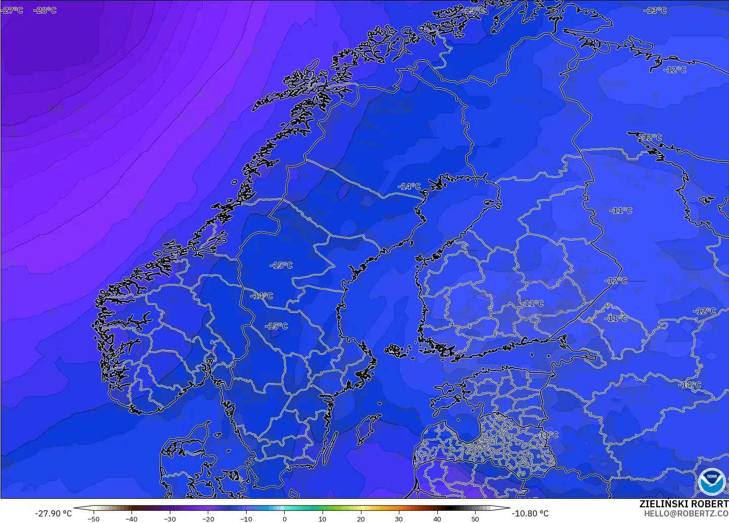 GFS modelo - Escandinavia, Temperatura a 500 hPa
