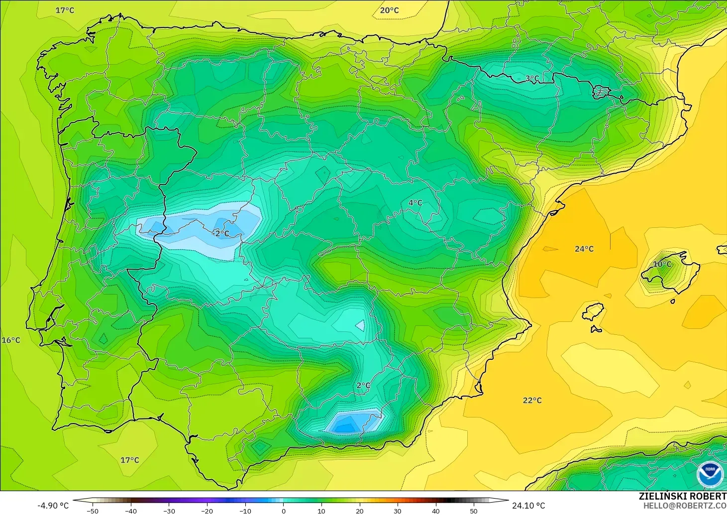 GFS modelo - España, Punto de rocío a 2 m
