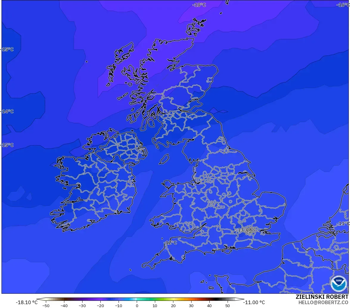 GFS modelo - Reino Unido, Temperatura a 500 hPa