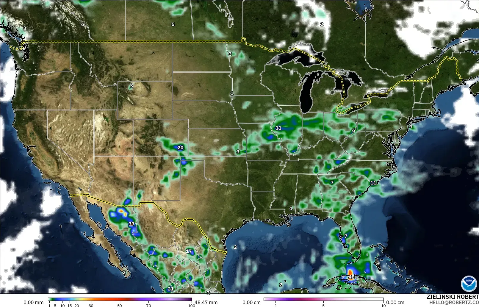 GFS modelo - Estados Unidos, Precipitación, nubes y presión