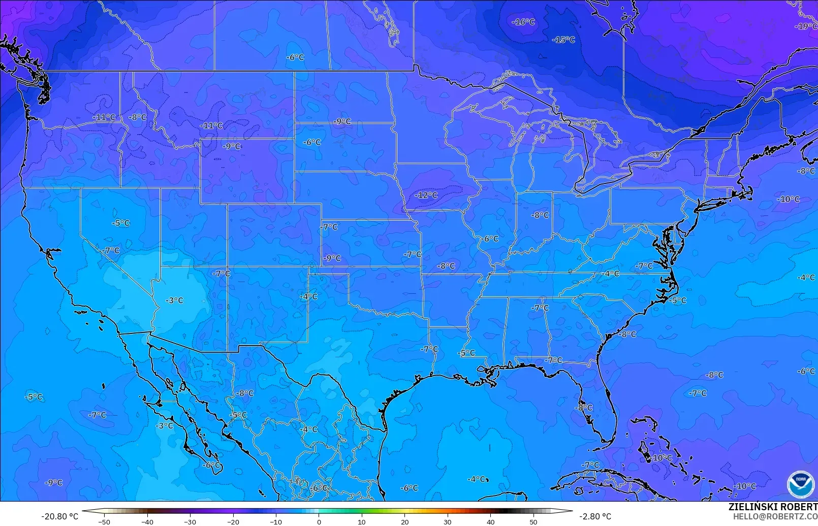GFS modelo - Estados Unidos, Temperatura a 500 hPa