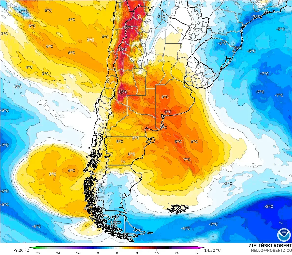 GFS modelo - Argentina, Anomalía de temperatura a 850 hPa