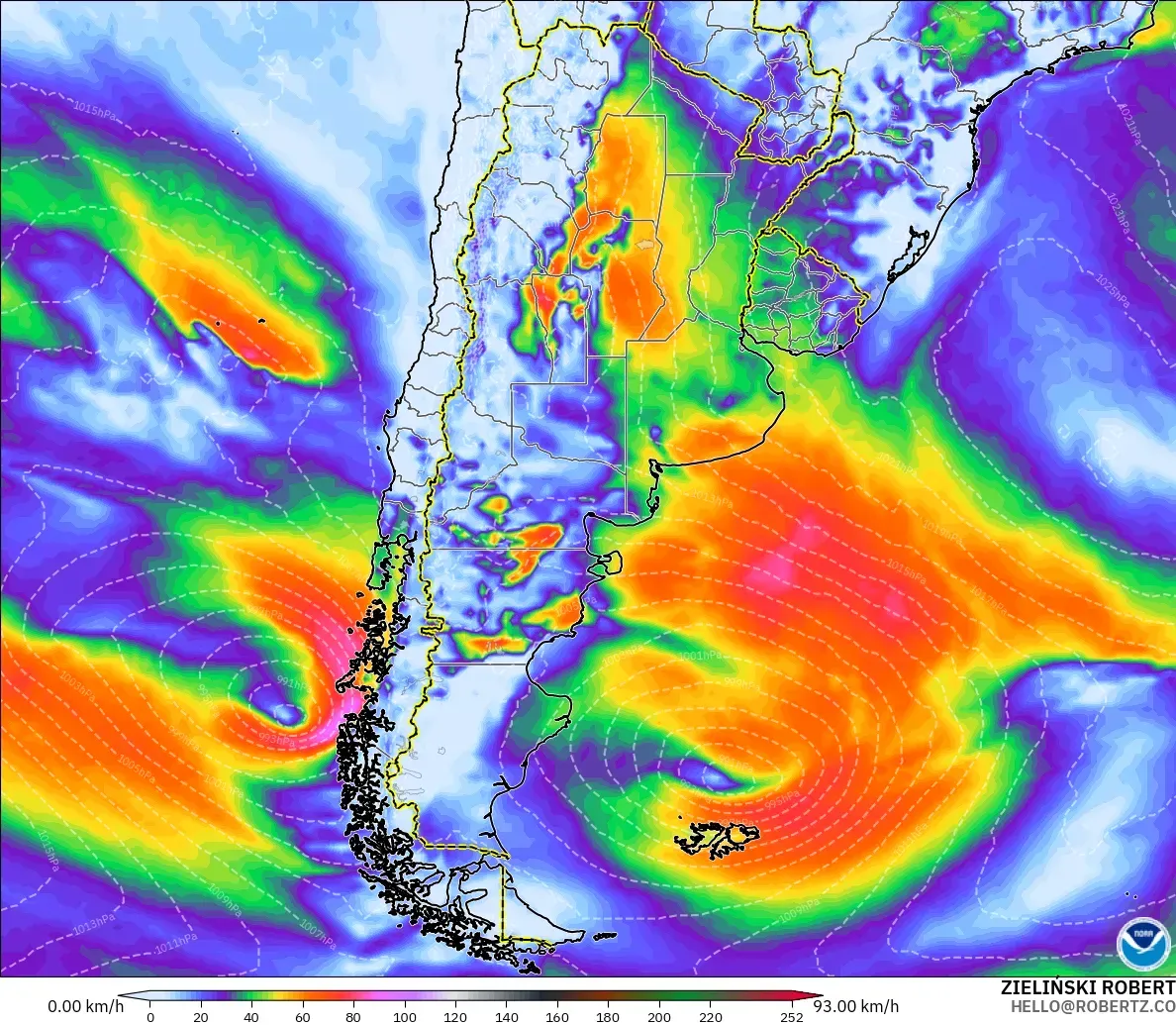 GFS modelo - Argentina, Ráfagas de viento