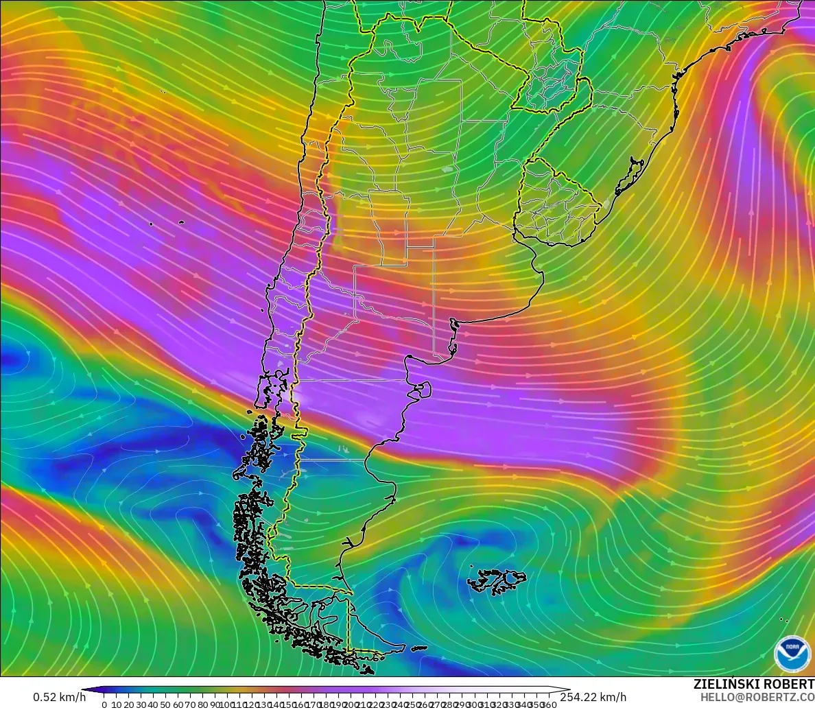 GFS modelo - Argentina, Viento a 300 hPa (corriente en chorro)