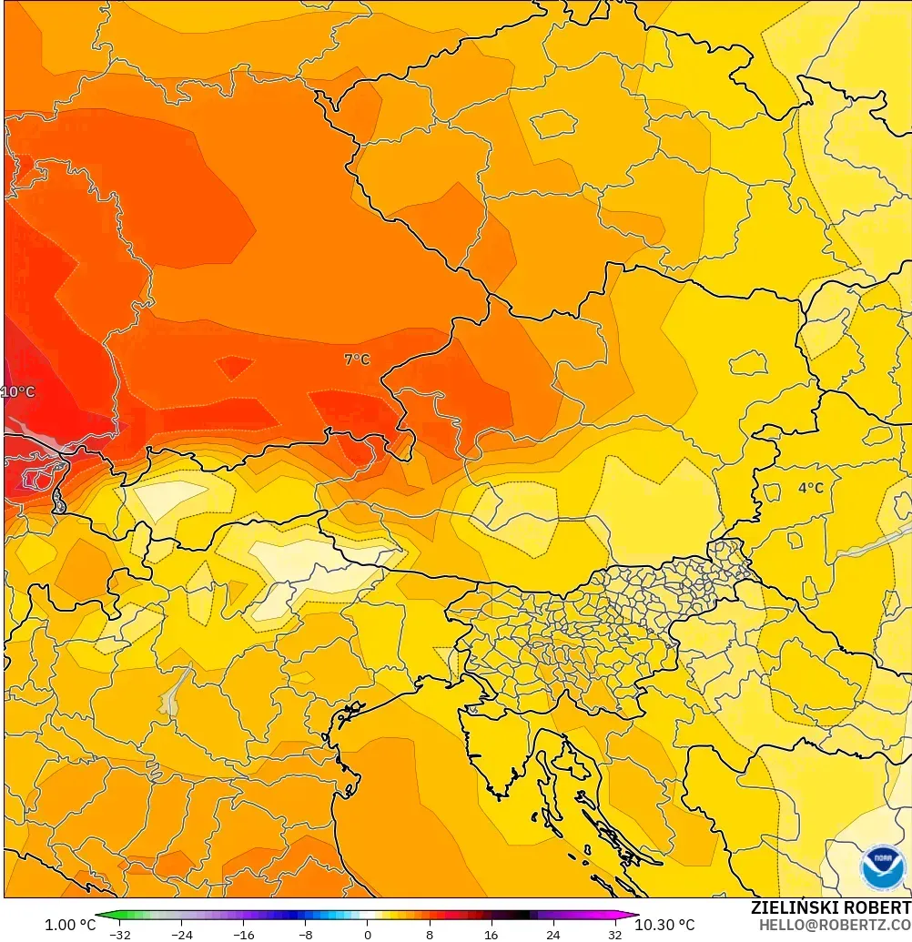 GFS modelo - Austria, Anomalía de temperatura a 850 hPa