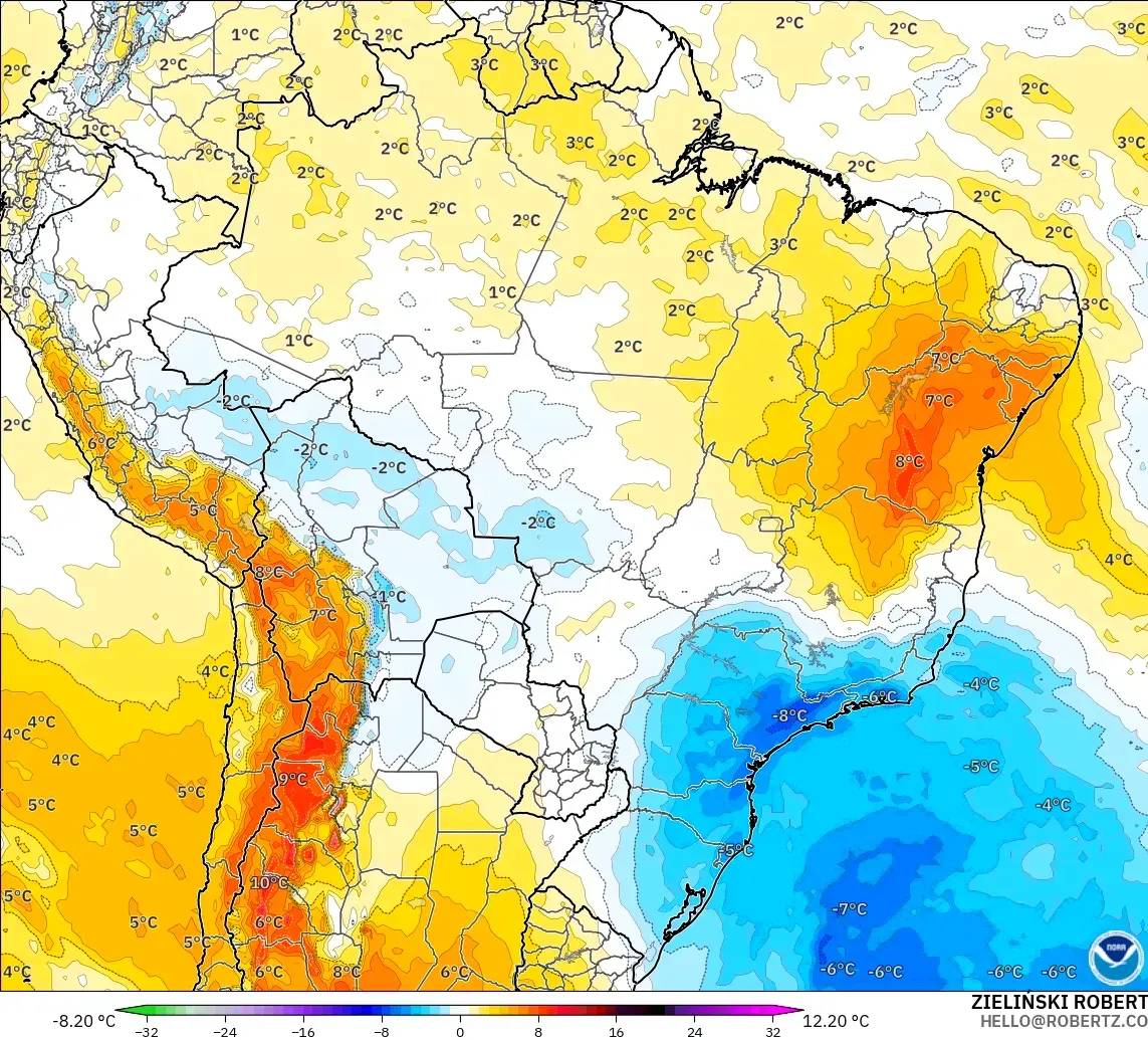 GFS modelo - Brasil, Anomalía de temperatura a 850 hPa
