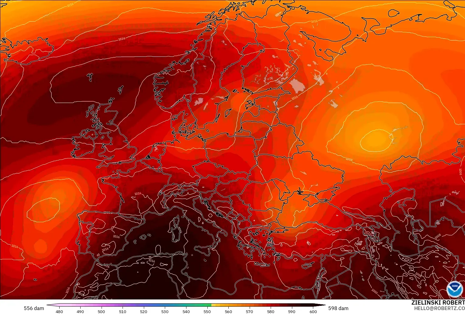 GFS modelo - Europa, Altura geopotencial a 500 hPa