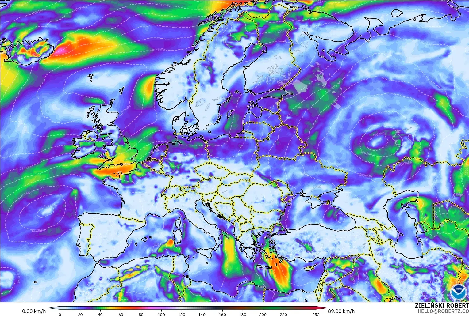 GFS modelo - Europa, Ráfagas de viento