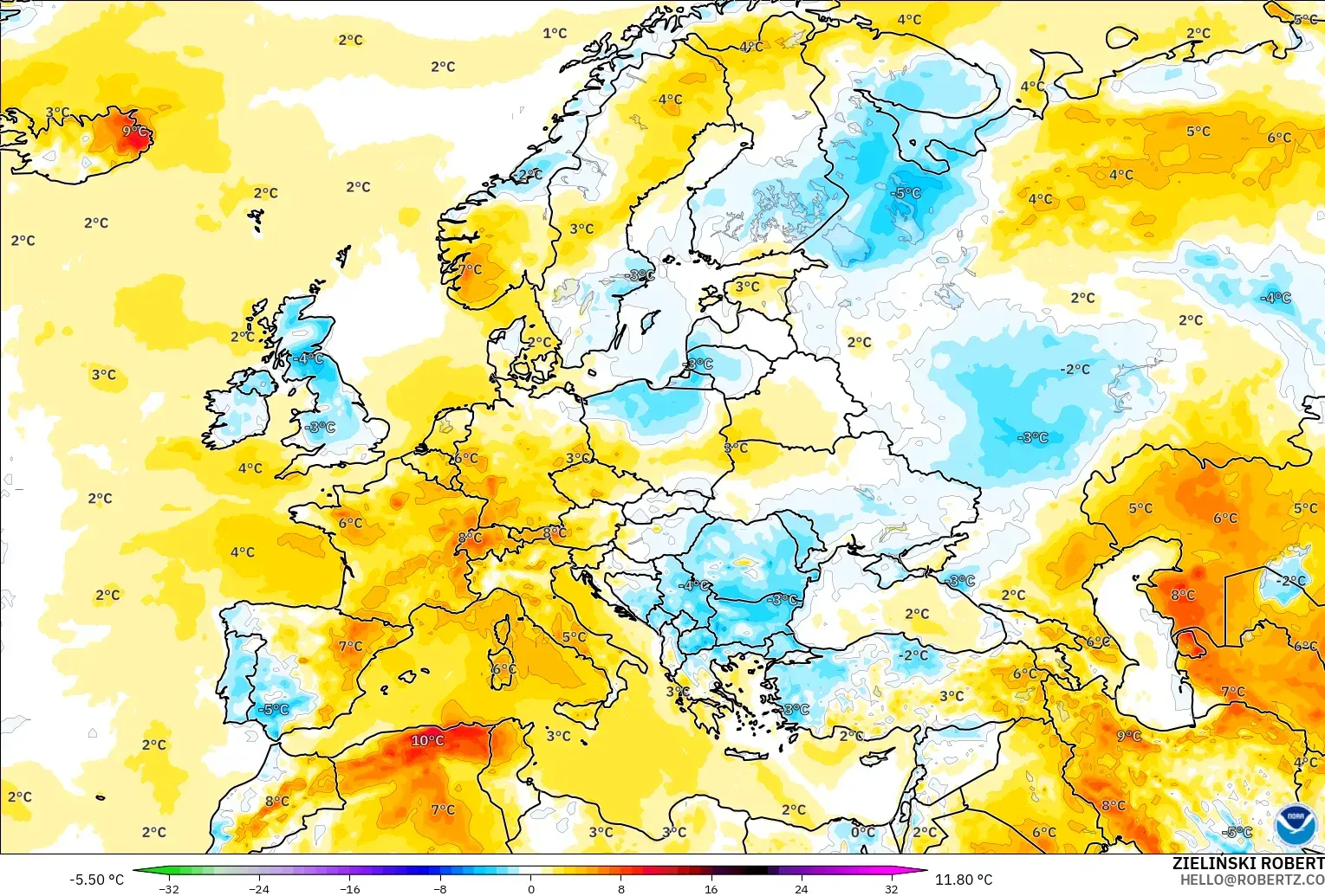 GFS modelo - Europa, Anomalía de temperatura a 2 m