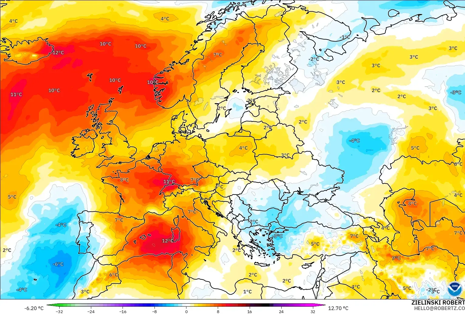 GFS modelo - Europa, Anomalía de temperatura a 850 hPa