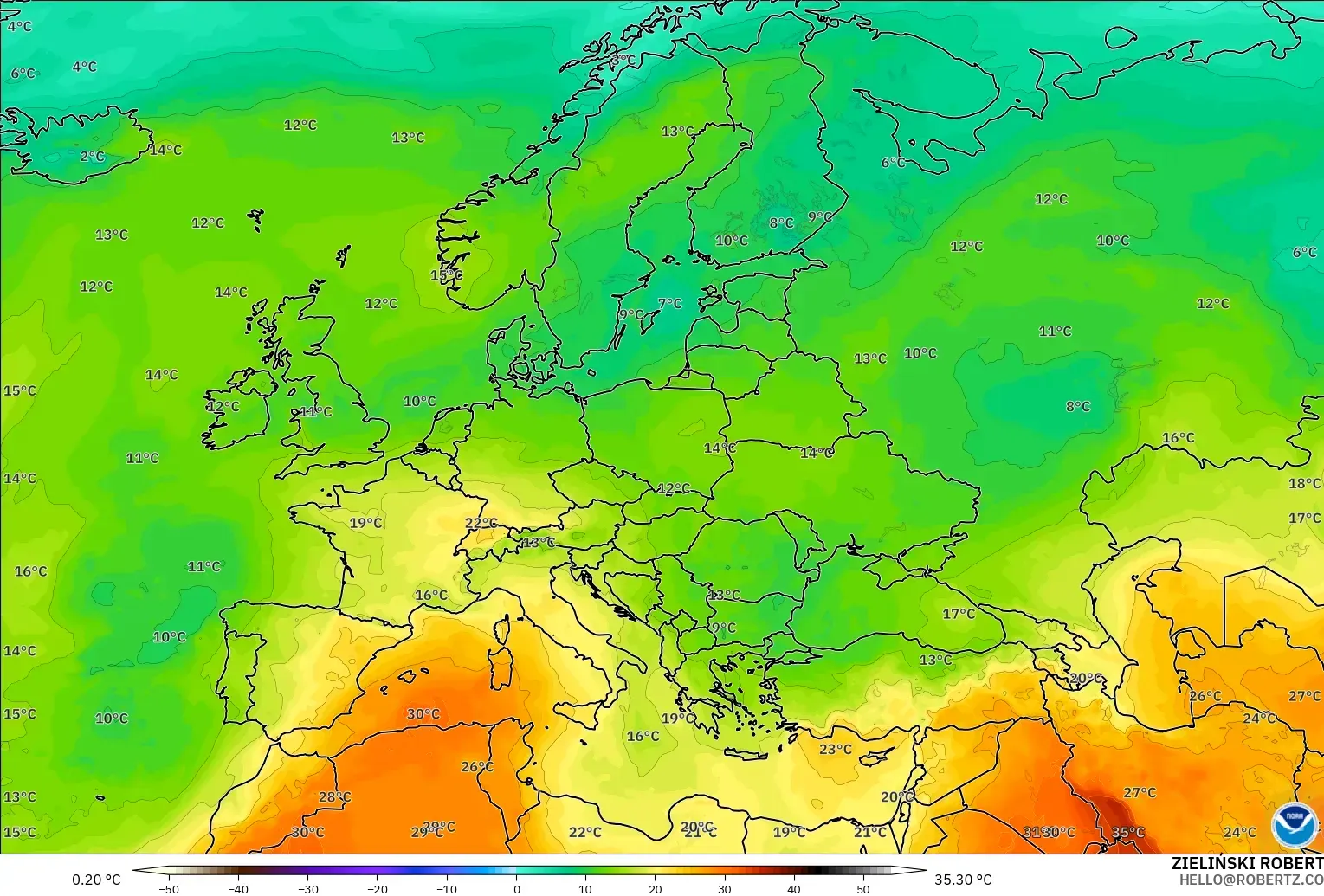 GFS modelo - Europa, Temperatura a 850 hPa