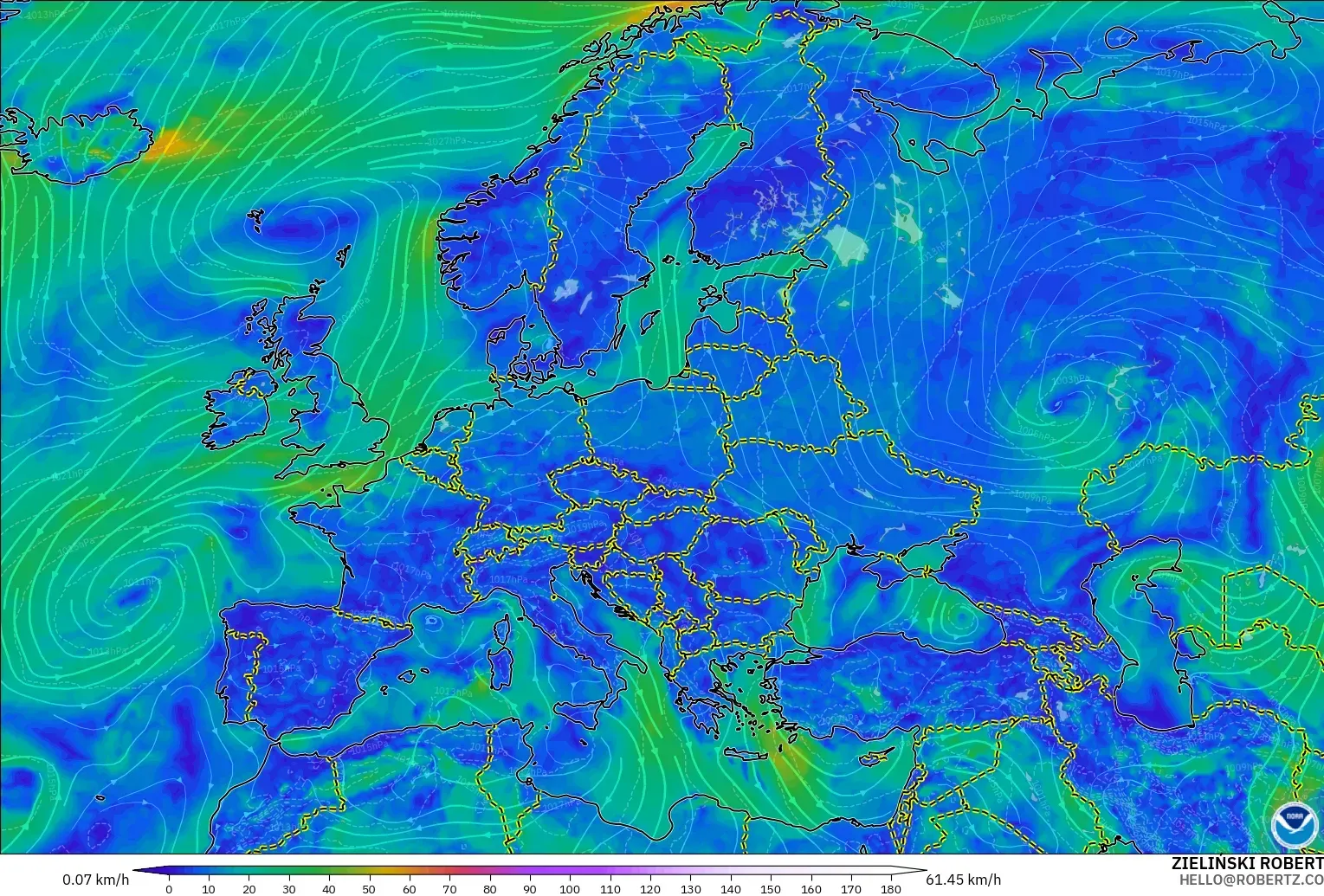 GFS modelo - Europa, Viento a 10 m