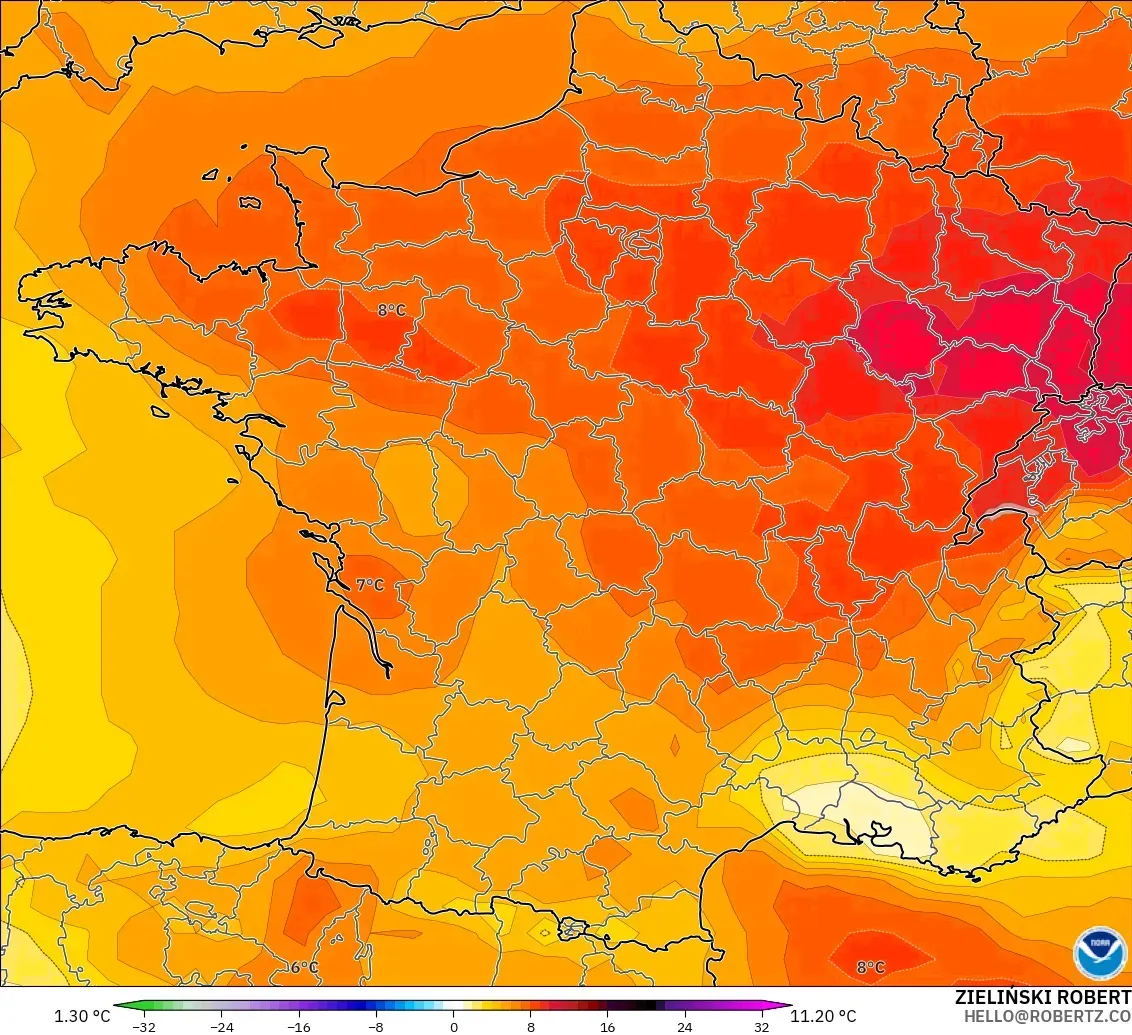 GFS modelo - Francia, Anomalía de temperatura a 850 hPa