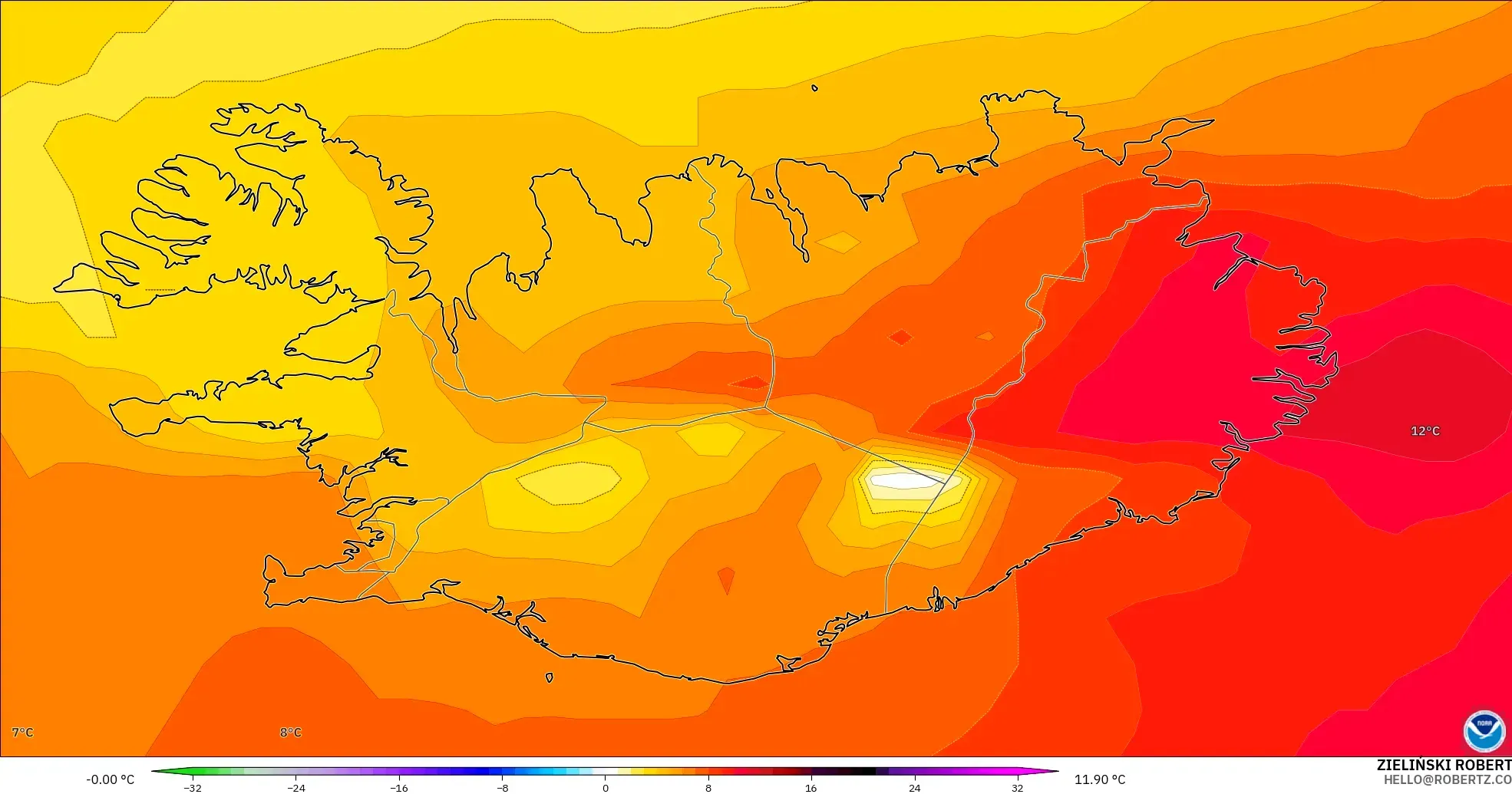 GFS modelo - Islandia, Anomalía de temperatura a 850 hPa