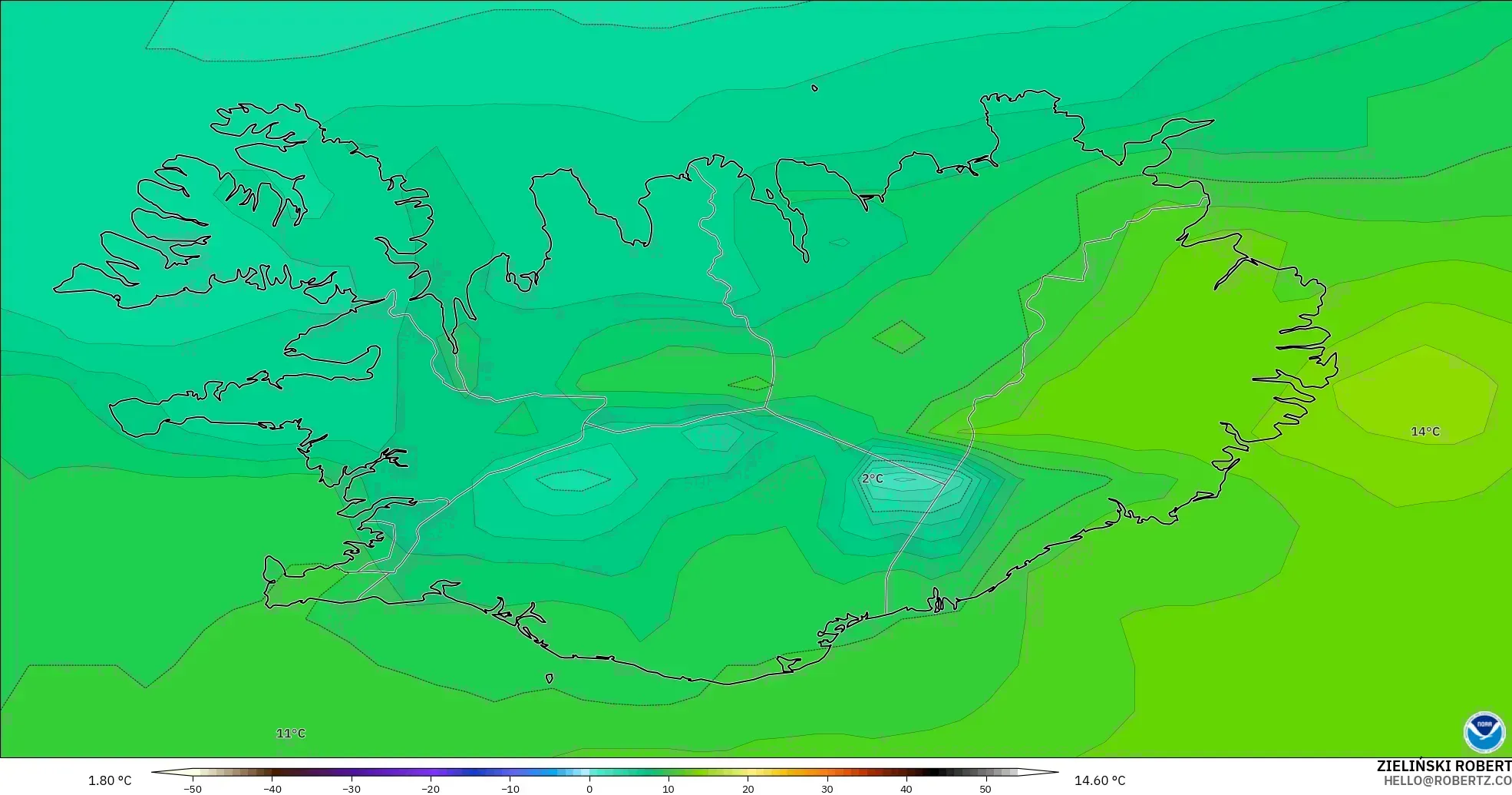 GFS modelo - Islandia, Temperatura a 850 hPa