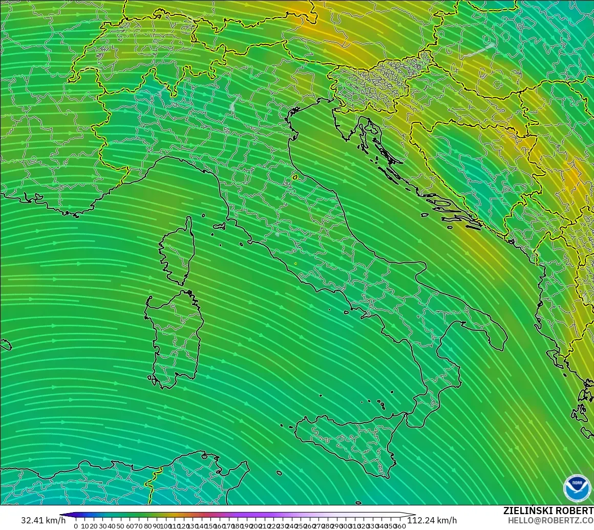 GFS modelo - Italia, Viento a 300 hPa (corriente en chorro)