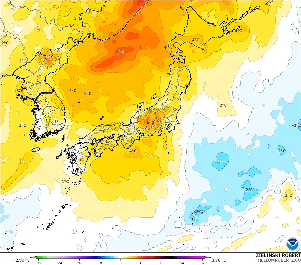 GFS modelo - Japón, Anomalía de temperatura a 850 hPa
