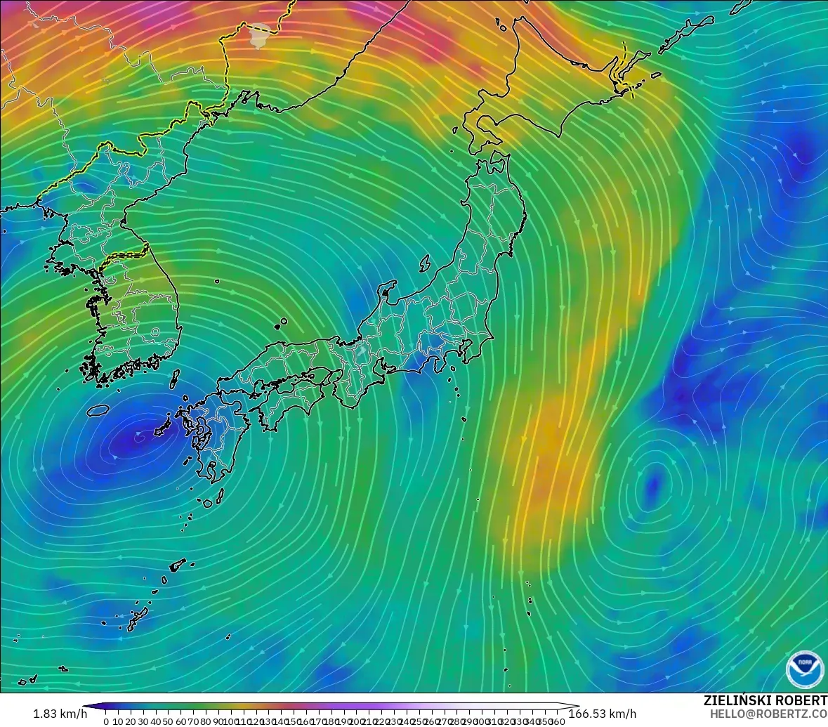 GFS modelo - Japón, Viento a 300 hPa (corriente en chorro)